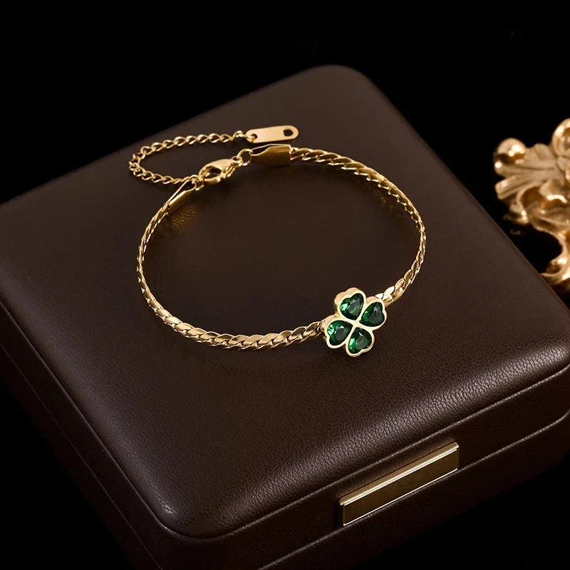 Four-Leaf Clover Bracelet with Green Crystal