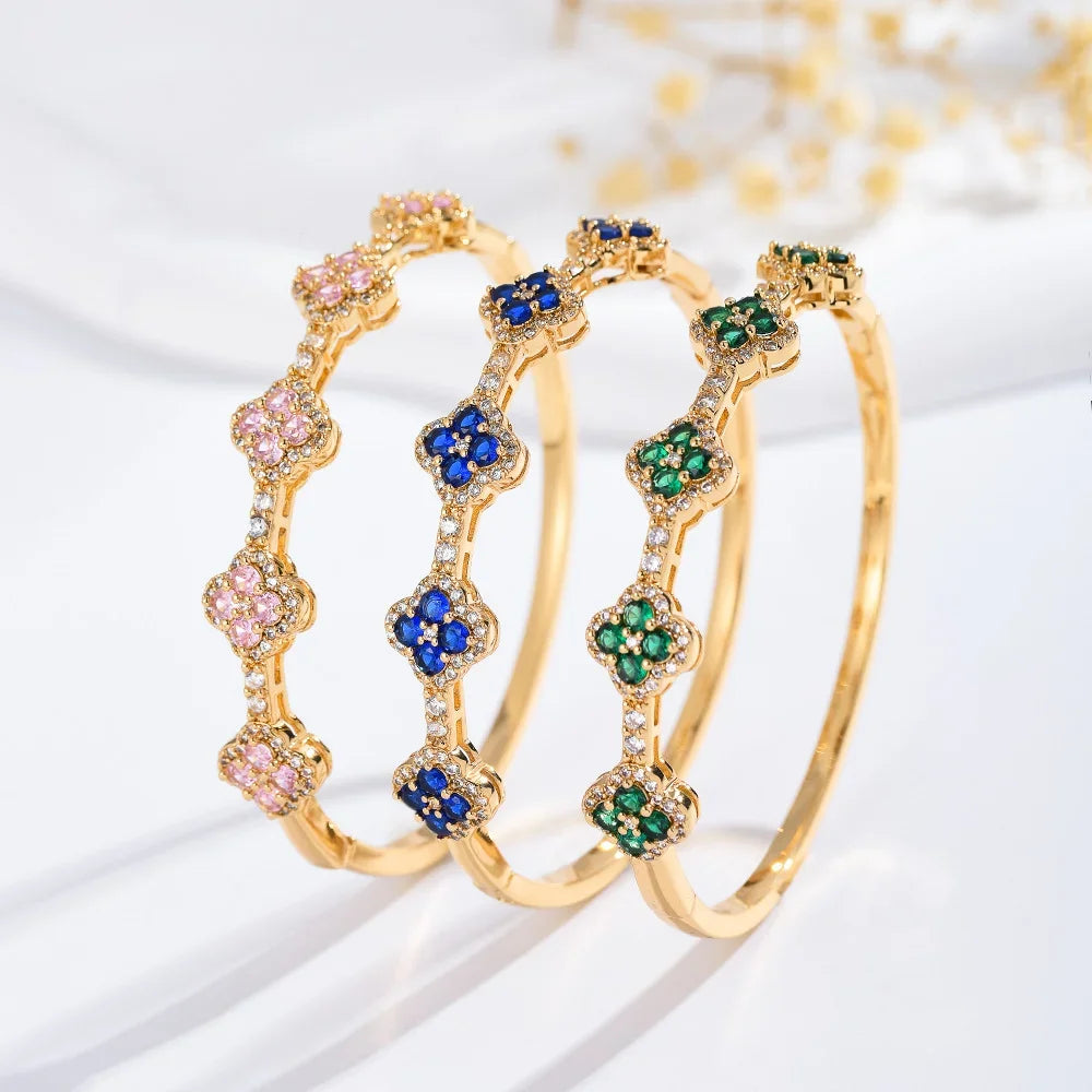 Bracelet with Four-Leaf Clovers in Zircon and Blue Stones