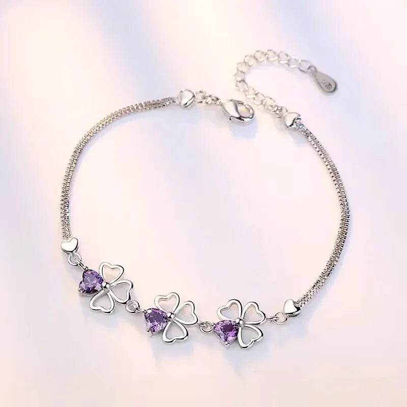 Bracelet with Four-Leaf Clovers with Purple Zircon