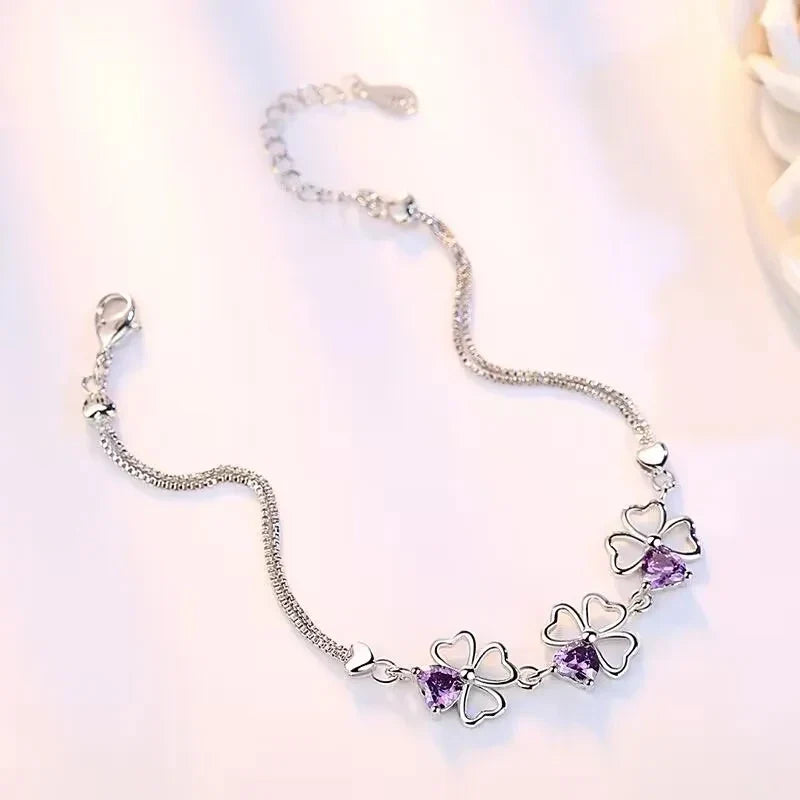 Bracelet with Four-Leaf Clovers with Purple Zircon