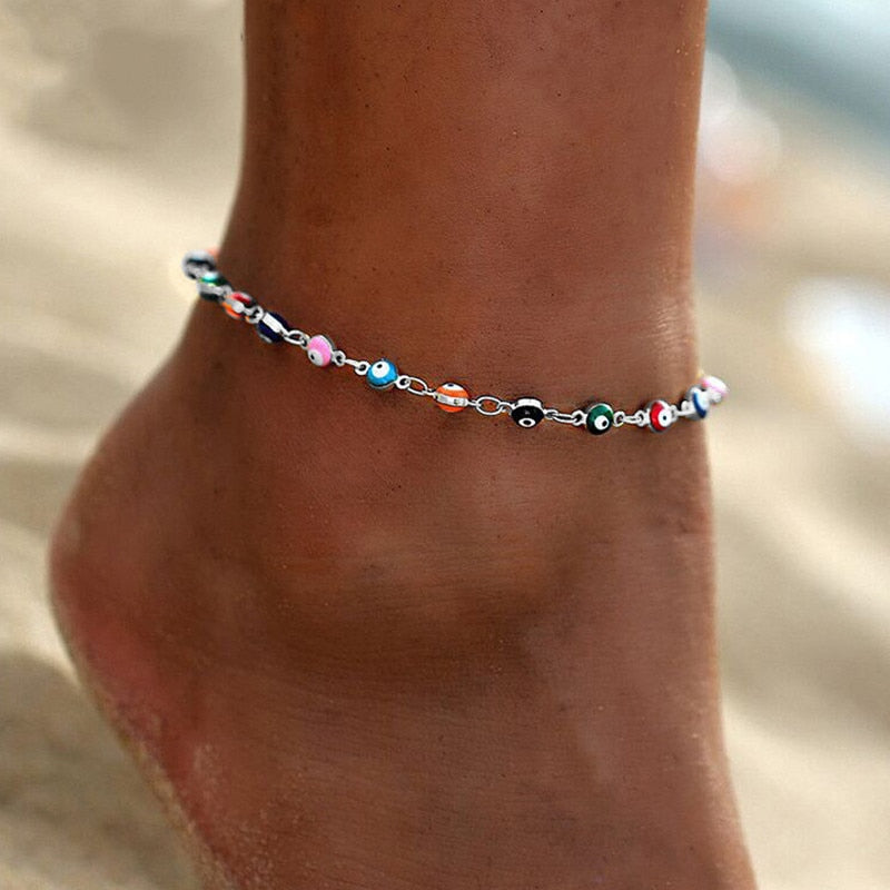 Blue Greek Turkish Evil Eye Ankle Bracelet Mataki Matiasma Silver