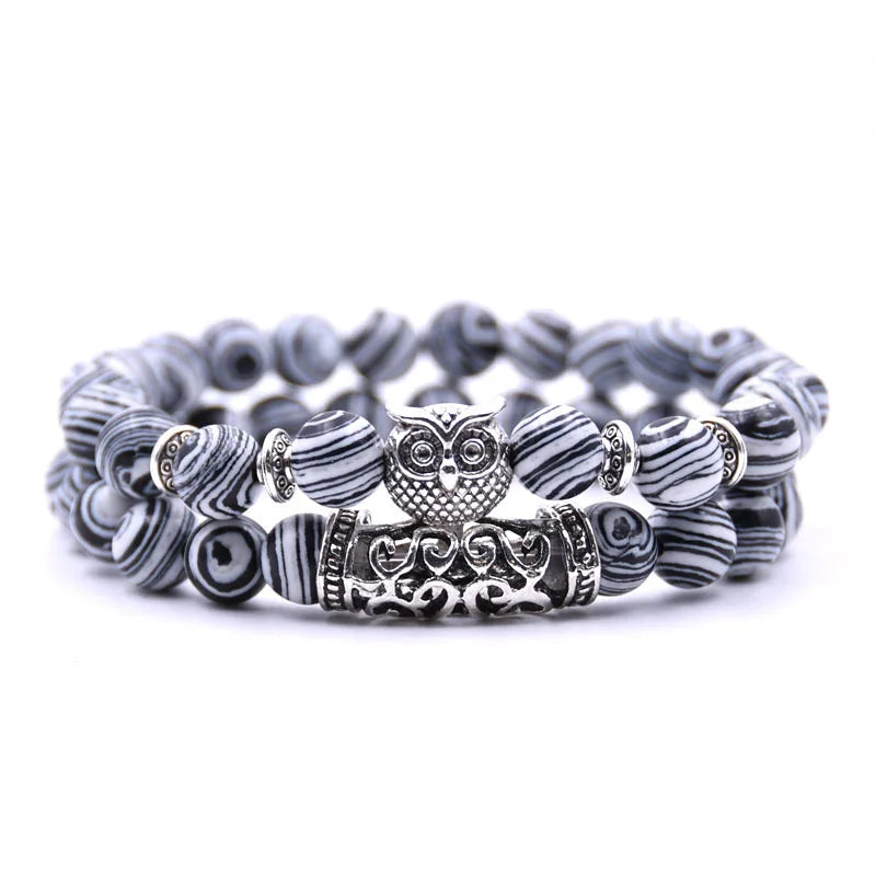 Owl Bracelet - Owl Link Bracelet with White and Black Beads