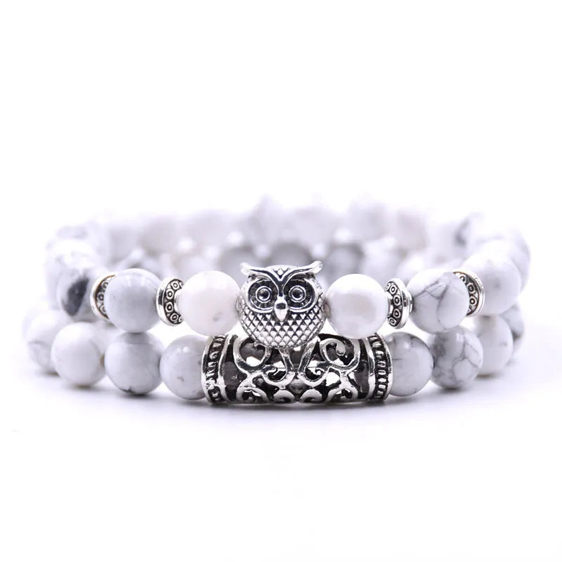 Owl Bracelet - Owl Link Bracelet with White Beads