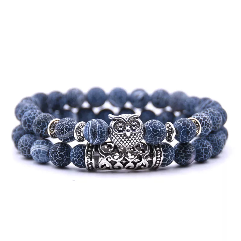 Owl Bracelet - Owl Link Bracelet with Blue Beads