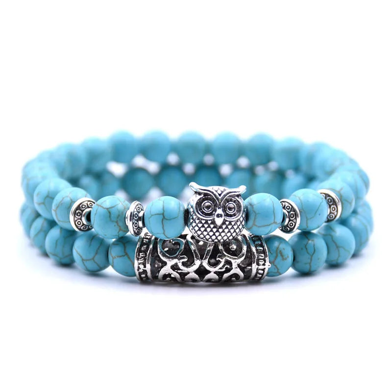 Owl Bracelet - Owl Link Bracelet with Sky Blue Beads