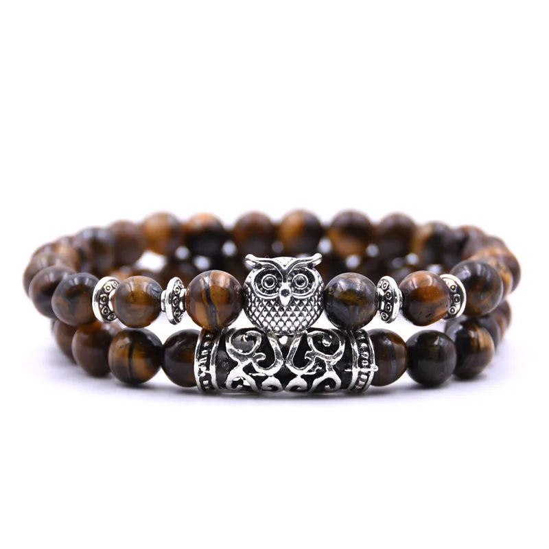 Owl Bracelet - Owl Link Bracelet with Brown Beads
