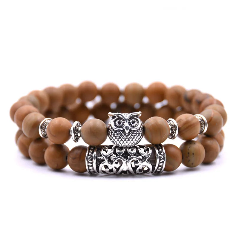 Owl Bracelet - Owl Link Bracelet with Light Brown Beads