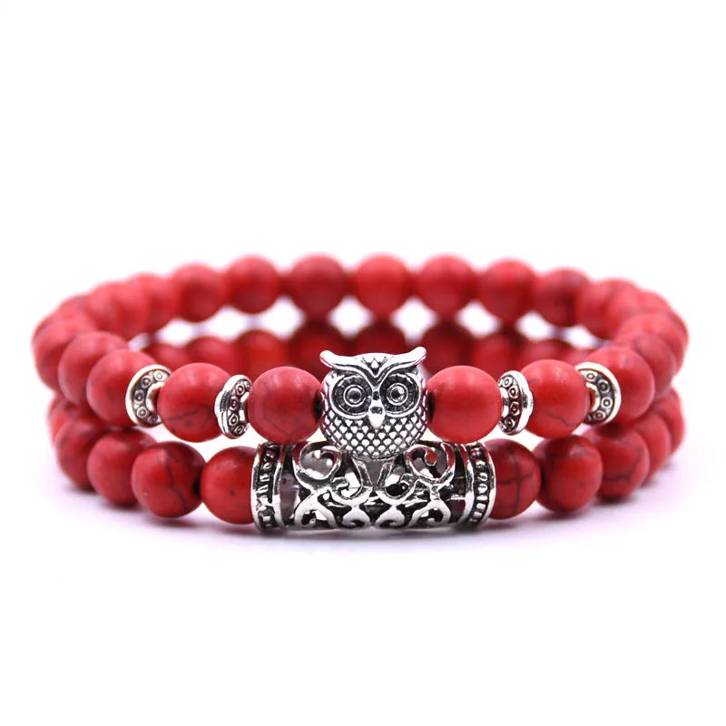 Owl Bracelet - Owl Link Bracelet with Red Beads