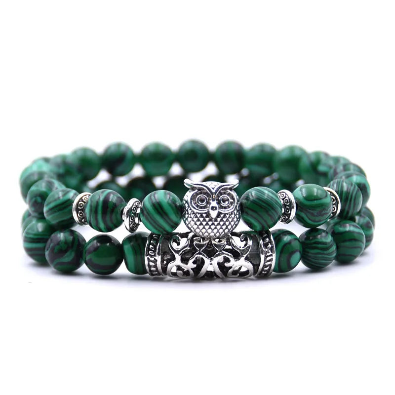 Owl Bracelet - Owl Link Bracelet with Green Beads