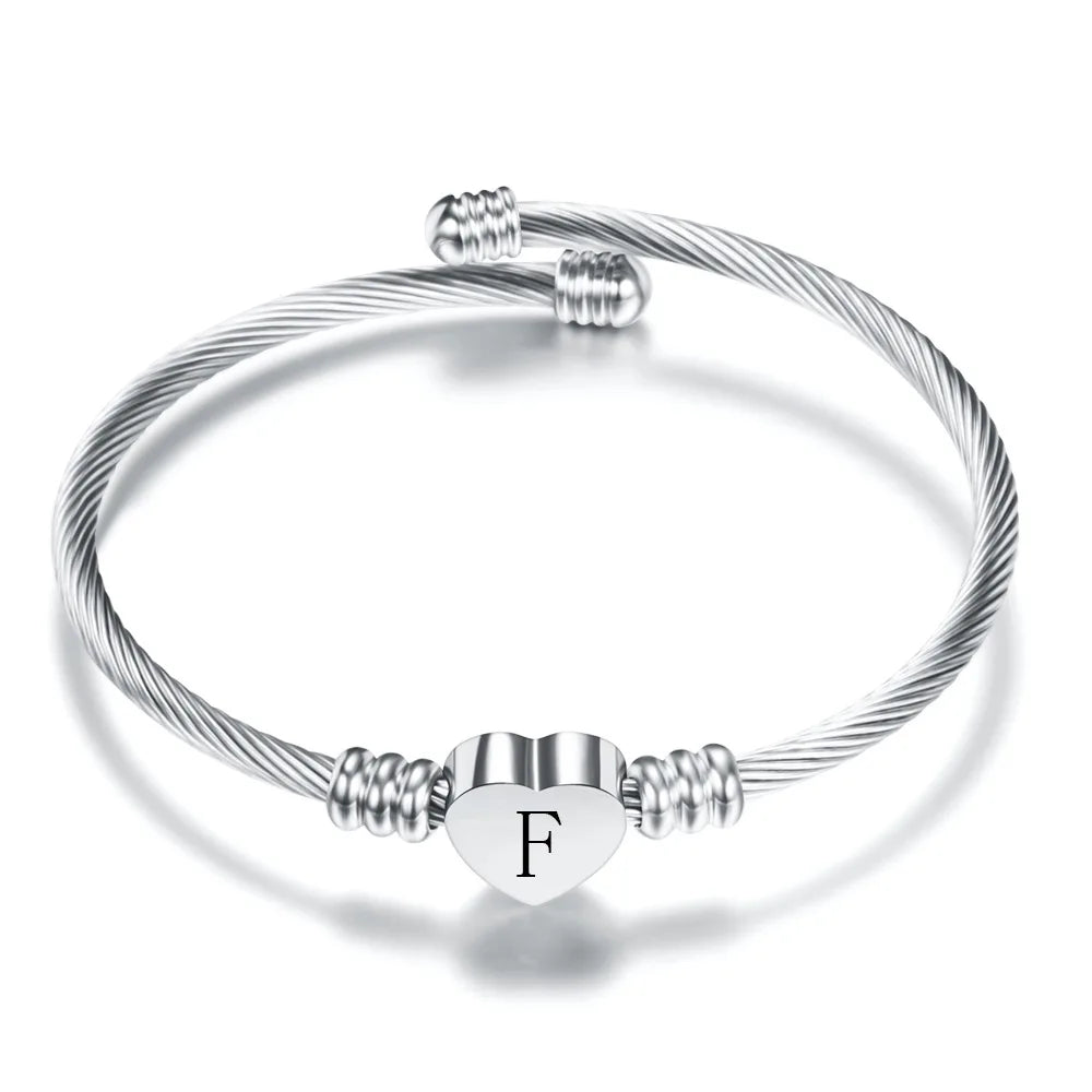 Heart bracelet with silver initial f