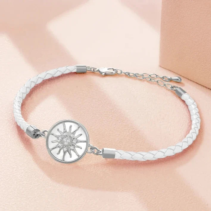 Compass Bracelet in Leather with Compass Rose, white silver