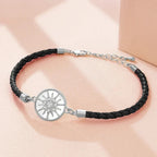 Compass Bracelet in Leather with Compass Rose, black silver