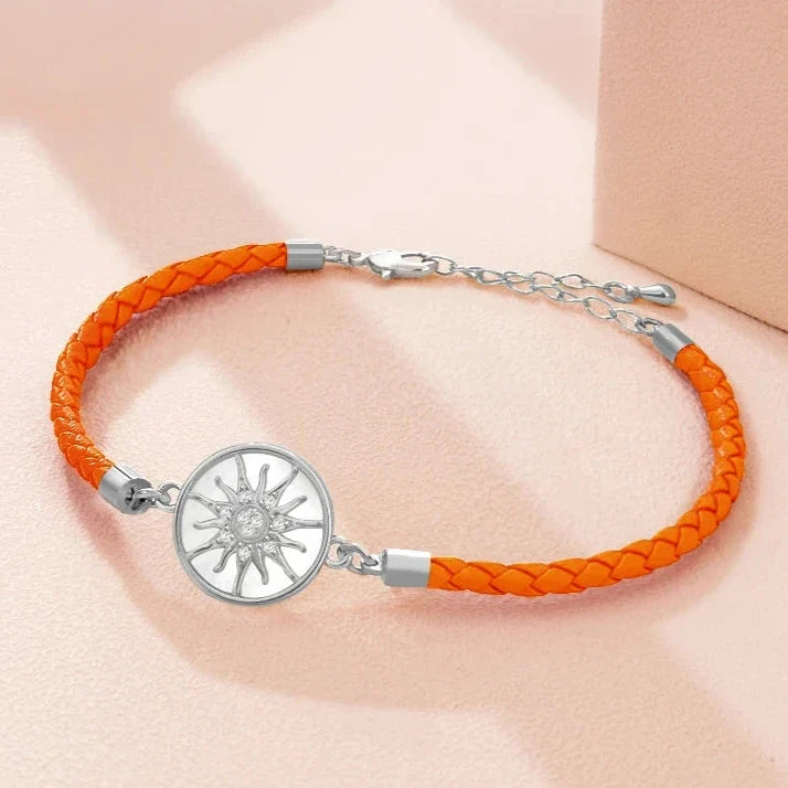 Compass Bracelet in Leather with Compass Rose, orange silver
