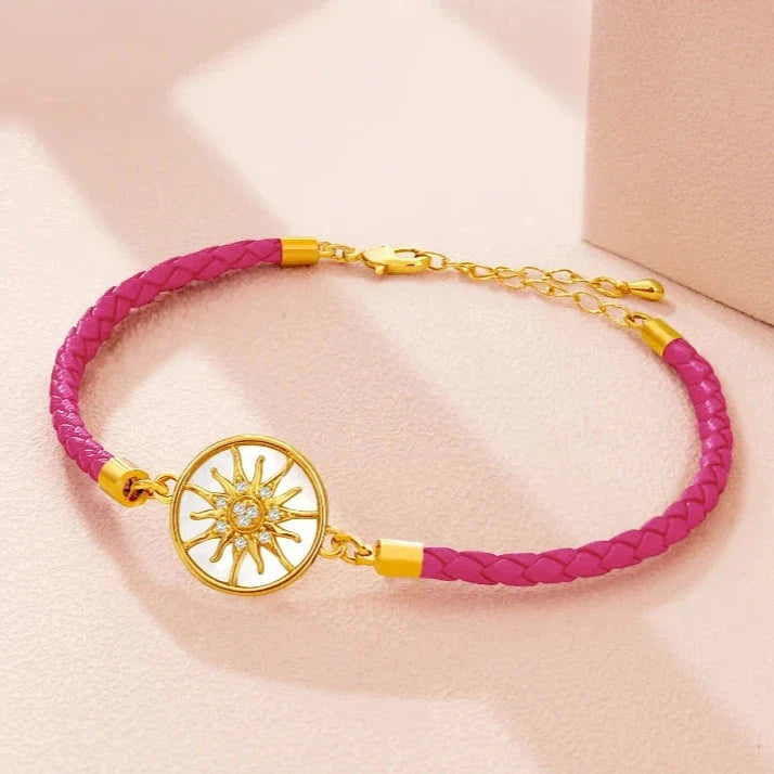Compass Bracelet in Leather with Compass Rose, fuchsia gold