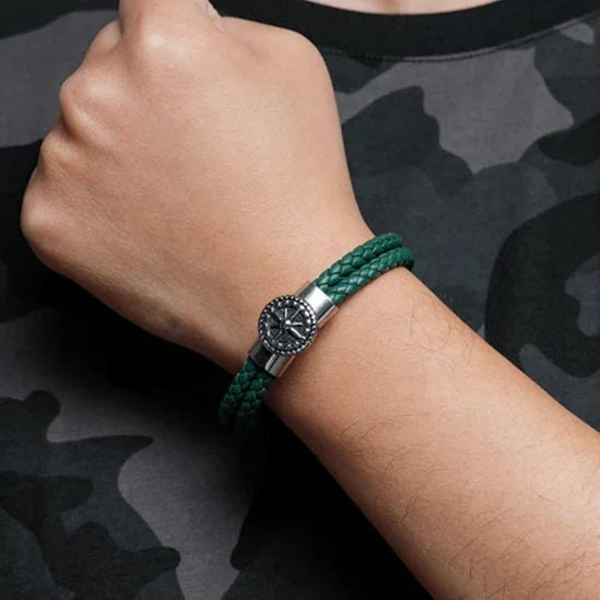 Men's Compass Bracelet Leather Compass Wind Rose Green