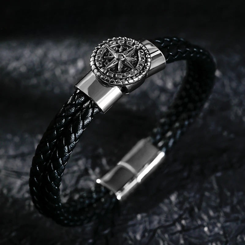 Men's Compass Bracelet Leather Compass Wind Rose Black