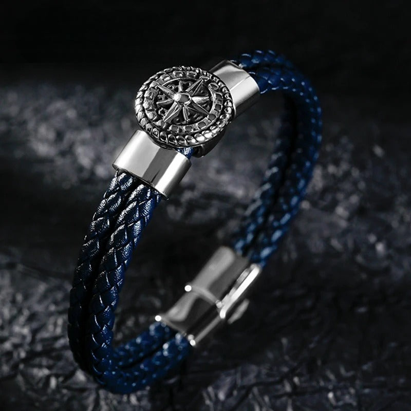 Men's Compass Bracelet Leather Compass Wind Rose Blue