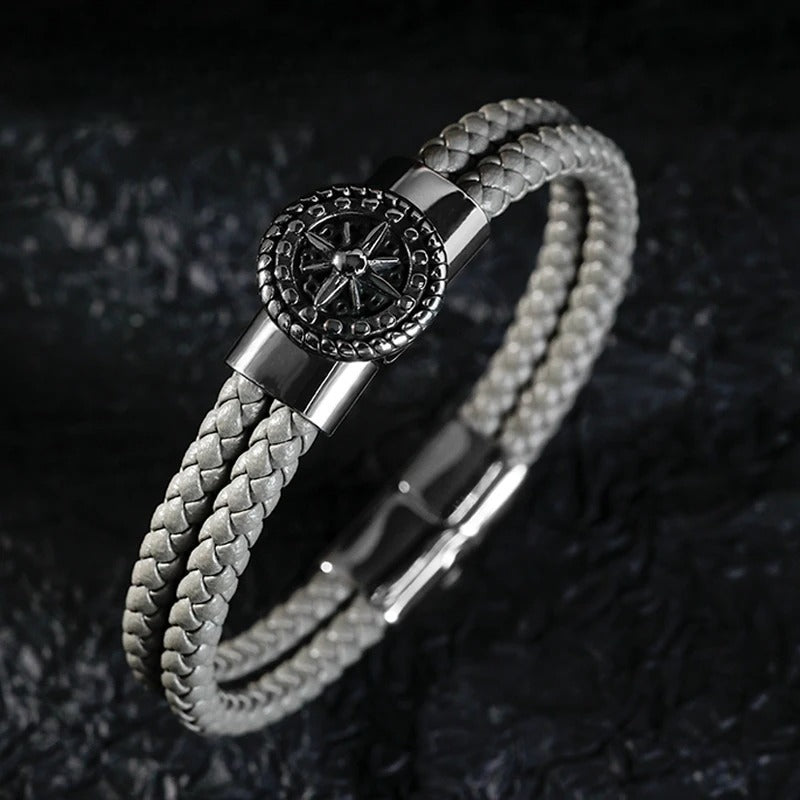 Men's Compass Bracelet Leather Compass Wind Rose Gray