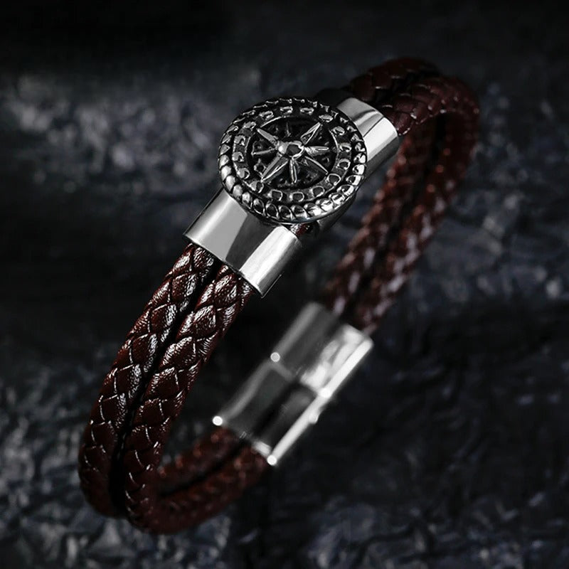 Men's Compass Bracelet Leather Compass Wind Rose Brown