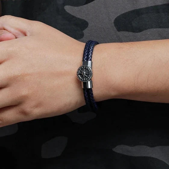 Men's Compass Bracelet Leather Compass Wind Rose Black