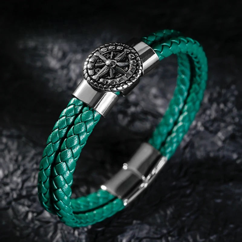 Men's Compass Bracelet Leather Compass Wind Rose Green