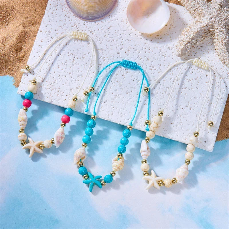 Cord bracelet with shell and white starfish star