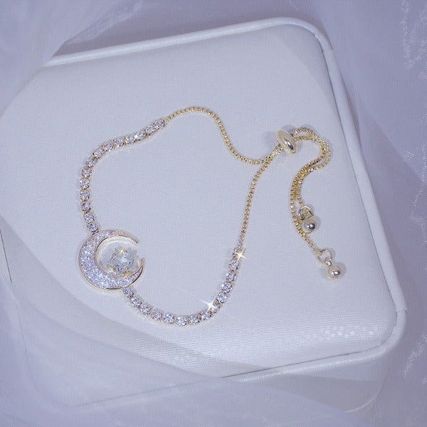 Women's Crescent Moon Link Bracelet with Zircon Stones