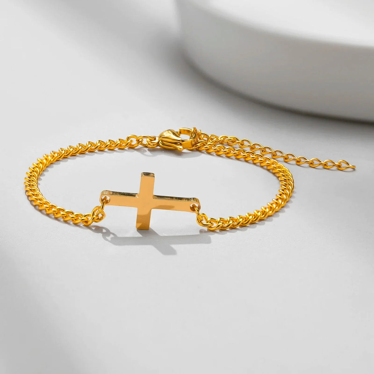 Cross Bracelet, Curb Chain Bracelet for Men or Women, Gold