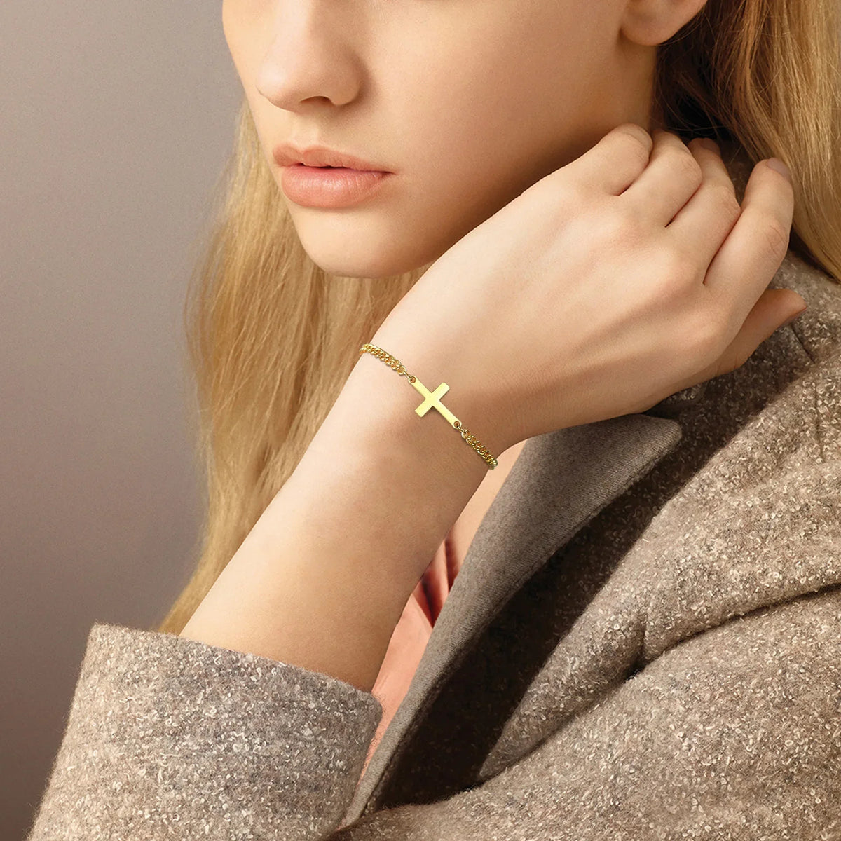 Cross Bracelet, Curb Chain Bracelet for Men or Women, Gold
