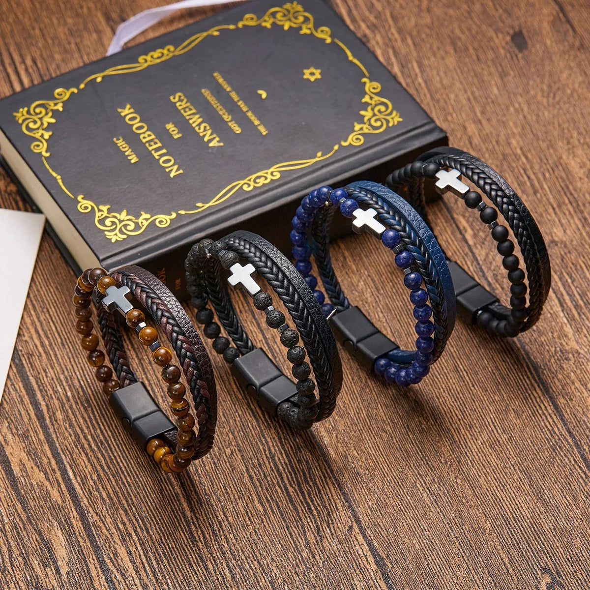 Cross Rosary Bracelet with Natural Stones and Leather