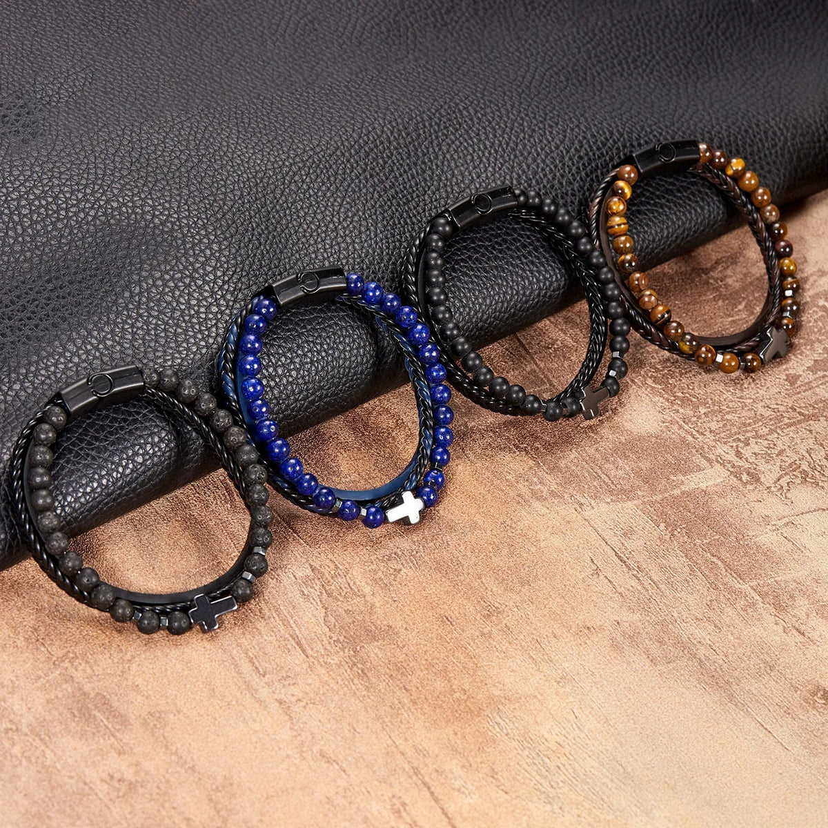 Cross Rosary Bracelet with Natural Stones and Leather