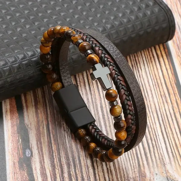 Cross Rosary Bracelet with Natural Stones and Leather