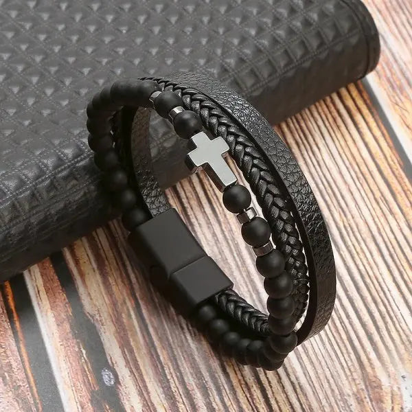 Cross Rosary Bracelet with Natural Stones and Leather