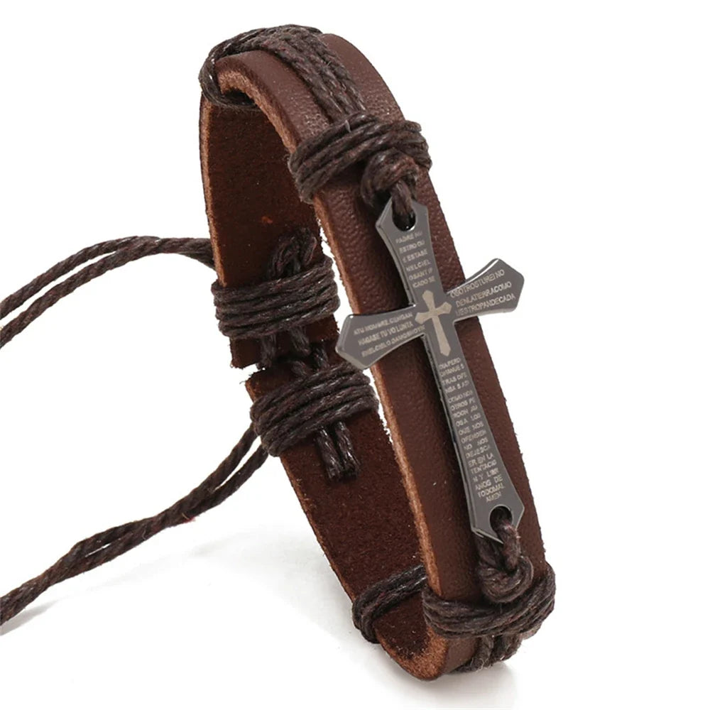 Brown Leather Cross Bracelet for Men