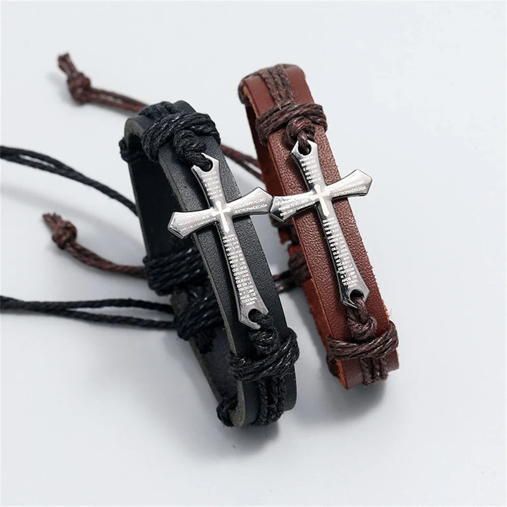 Black Leather Cross Bracelet for Men