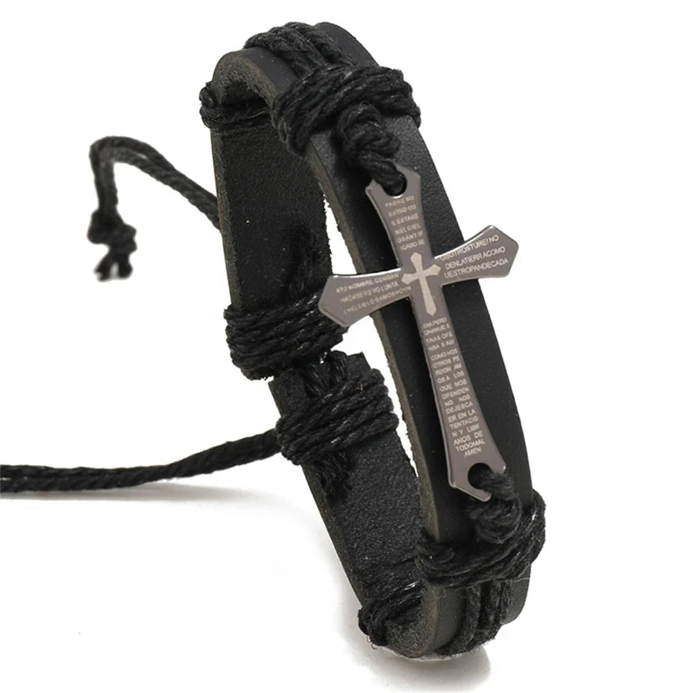 Black Leather Cross Bracelet for Men