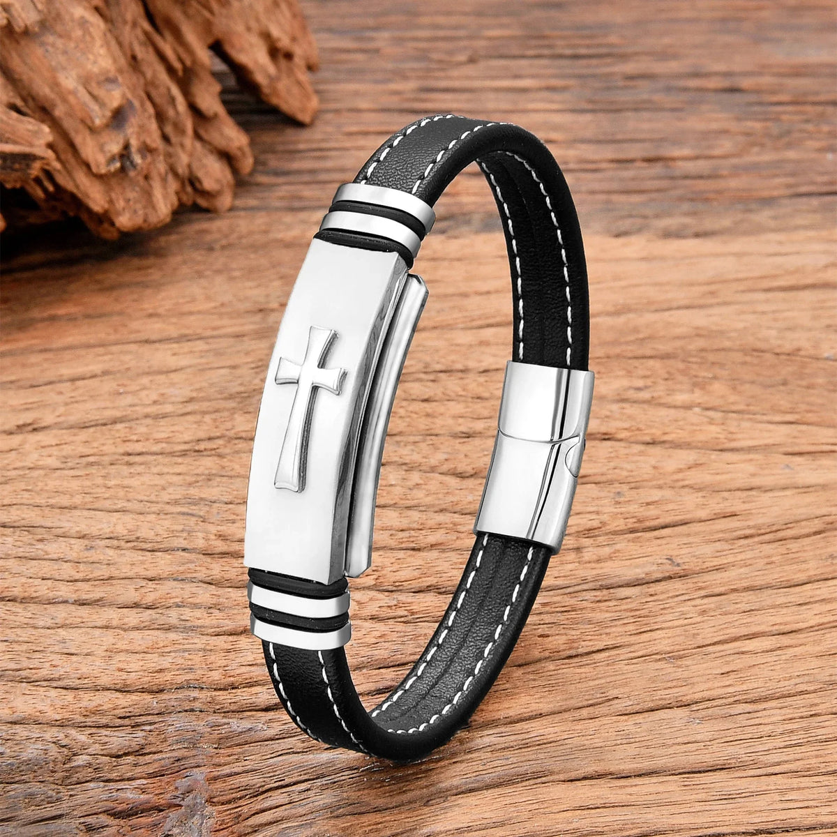 Black Leather Cross Bracelet Black style a white