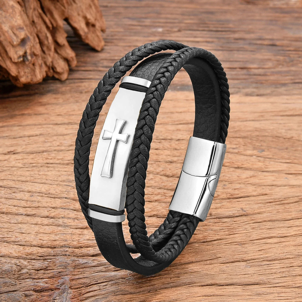 Black Leather Cross Bracelet style b white