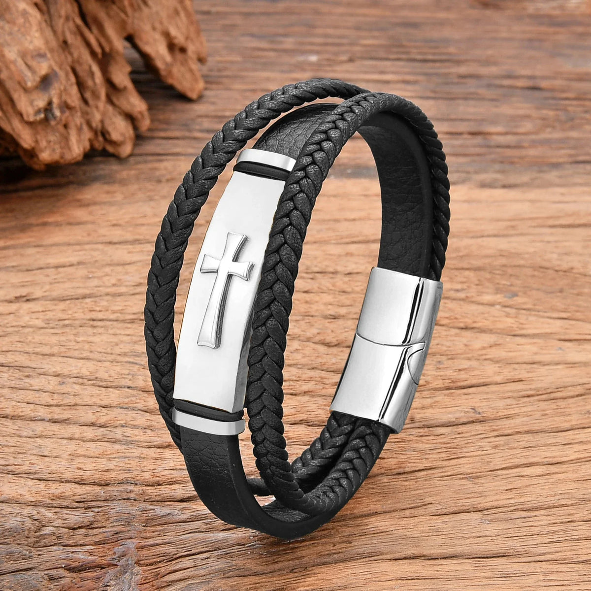 Black Leather Cross Bracelet style b white