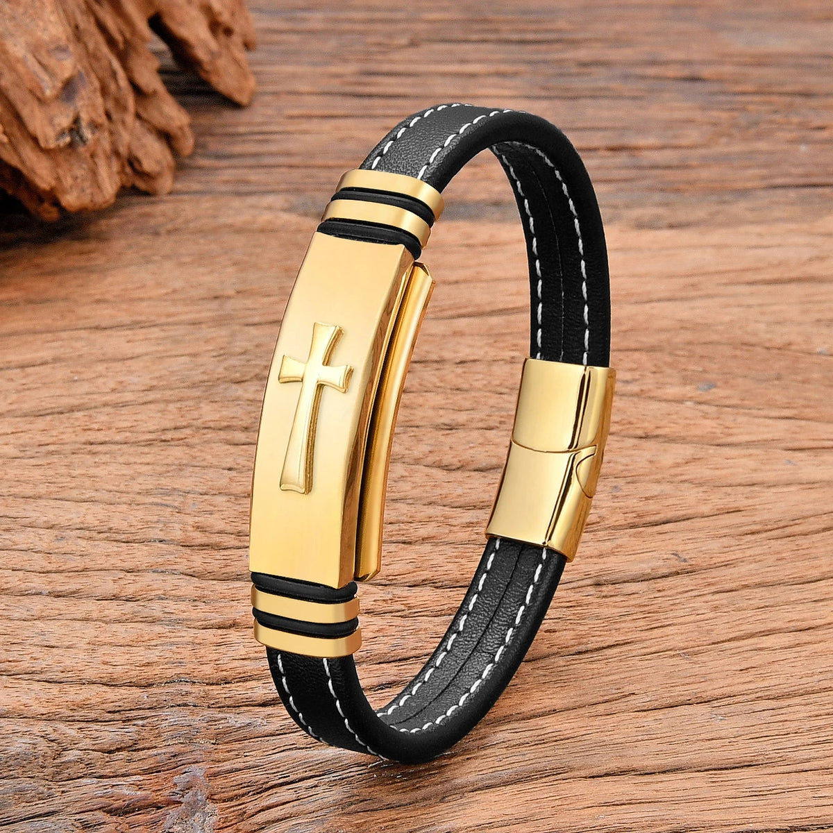 Black Leather Cross Bracelet gold style a gold