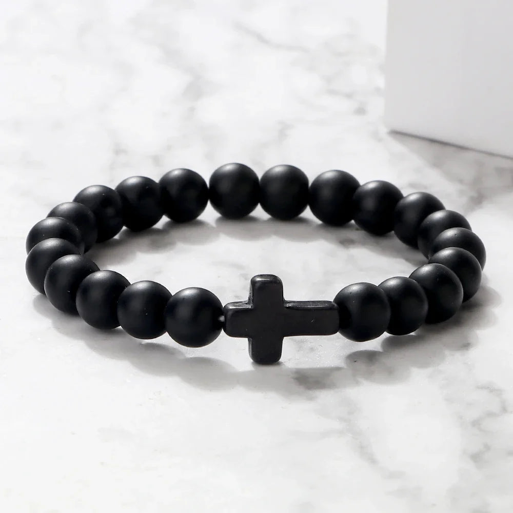 Bracelet Cross in Shiny Black Natural Stone