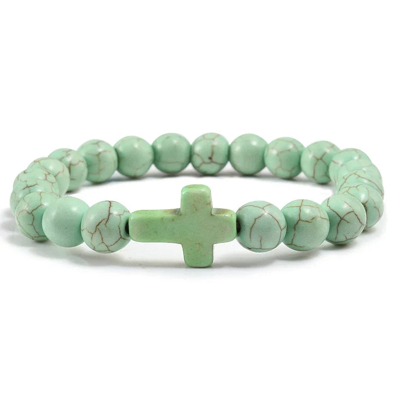 Bracelet Cross in Apple Green Natural Stone