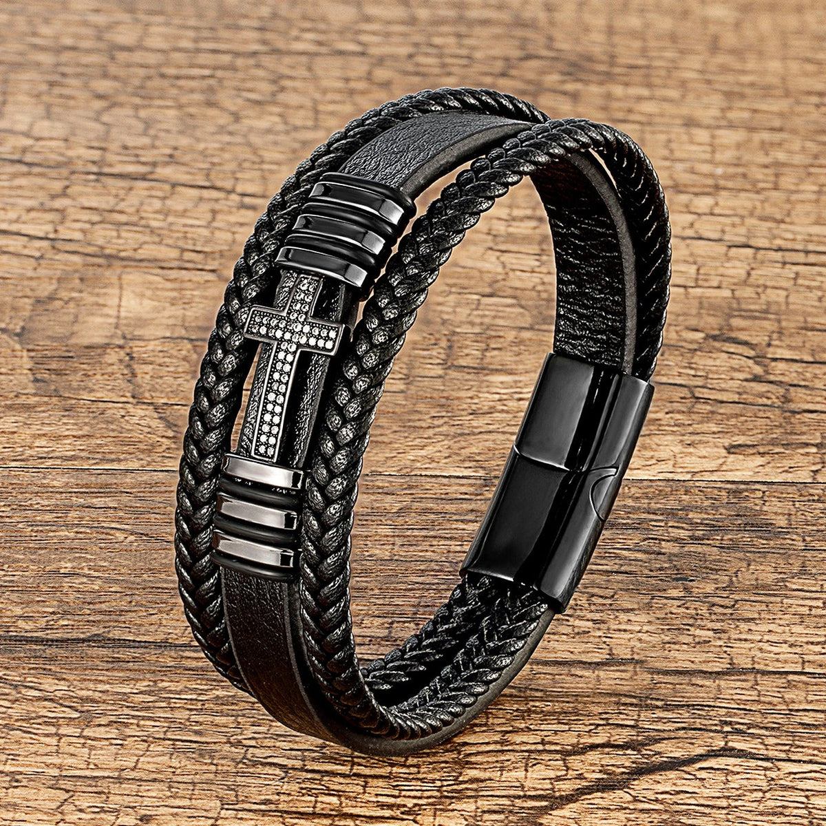 Black Leather Cross And Braided Bracelet