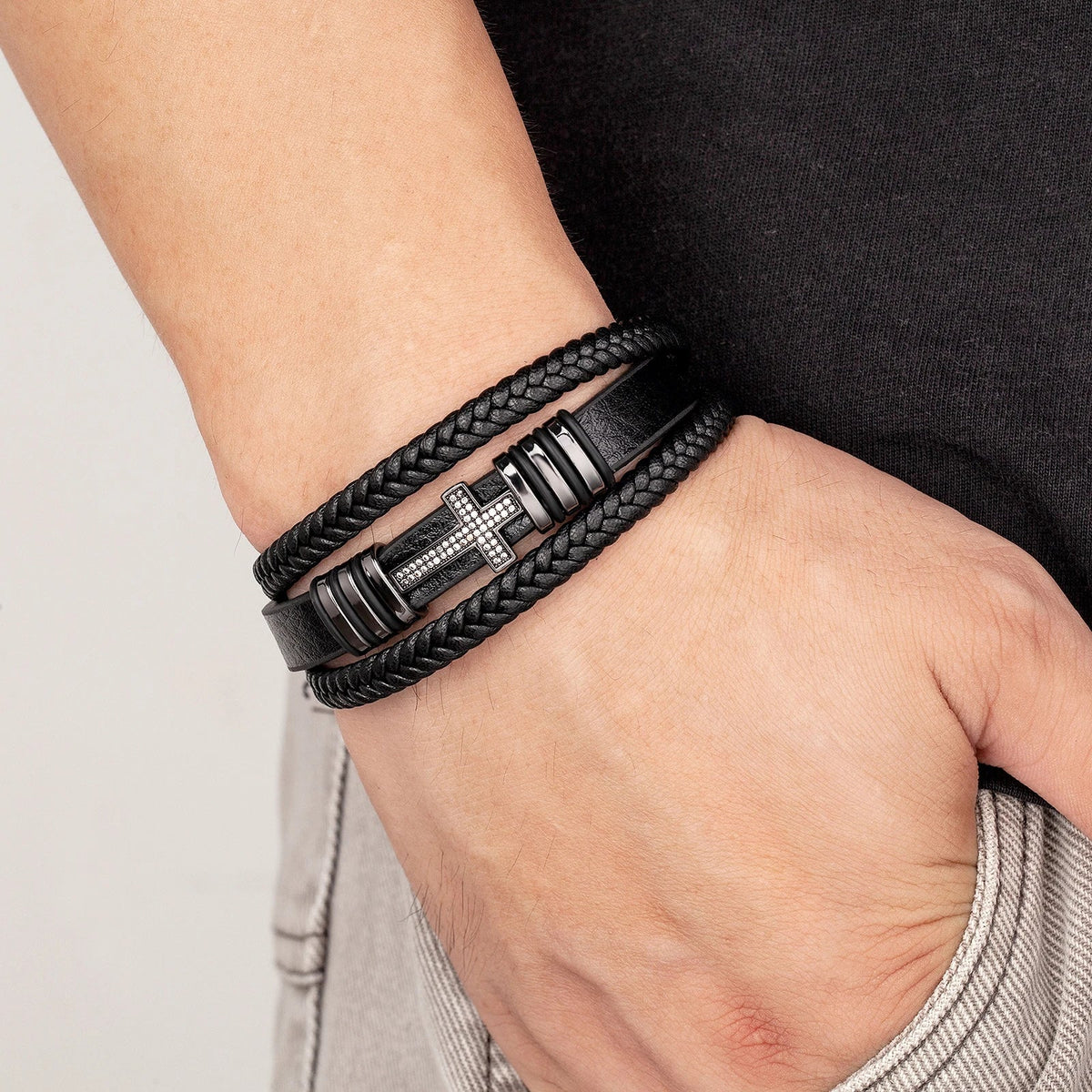 Black Leather Cross And Braided Bracelet