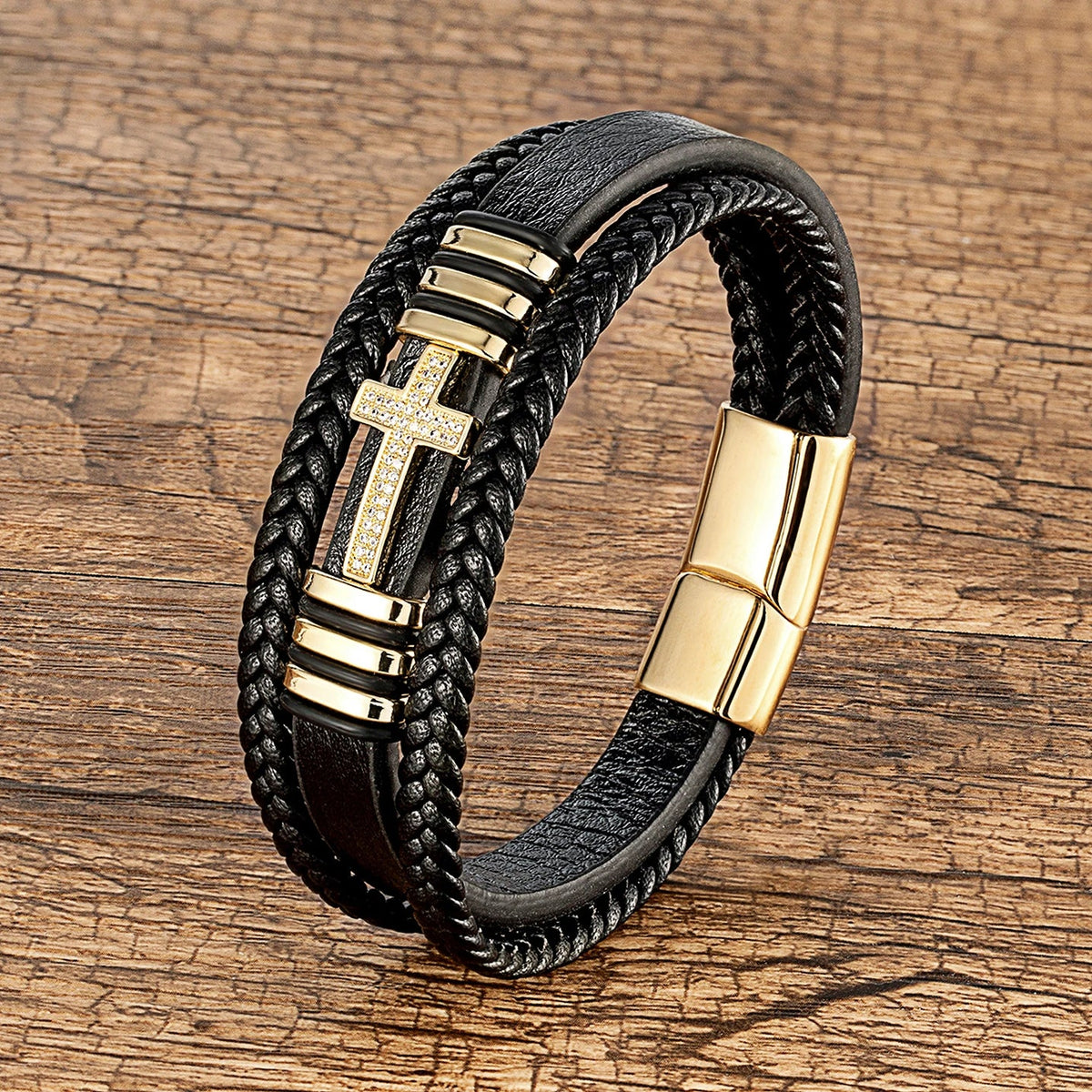 Gold Leather Cross And Braided Bracelet