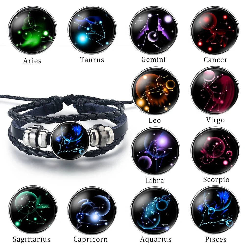 Leather Zodiac Sign Bracelet 12 Constellations