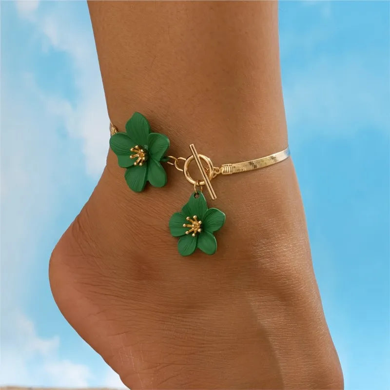 Green flower anklet for women
