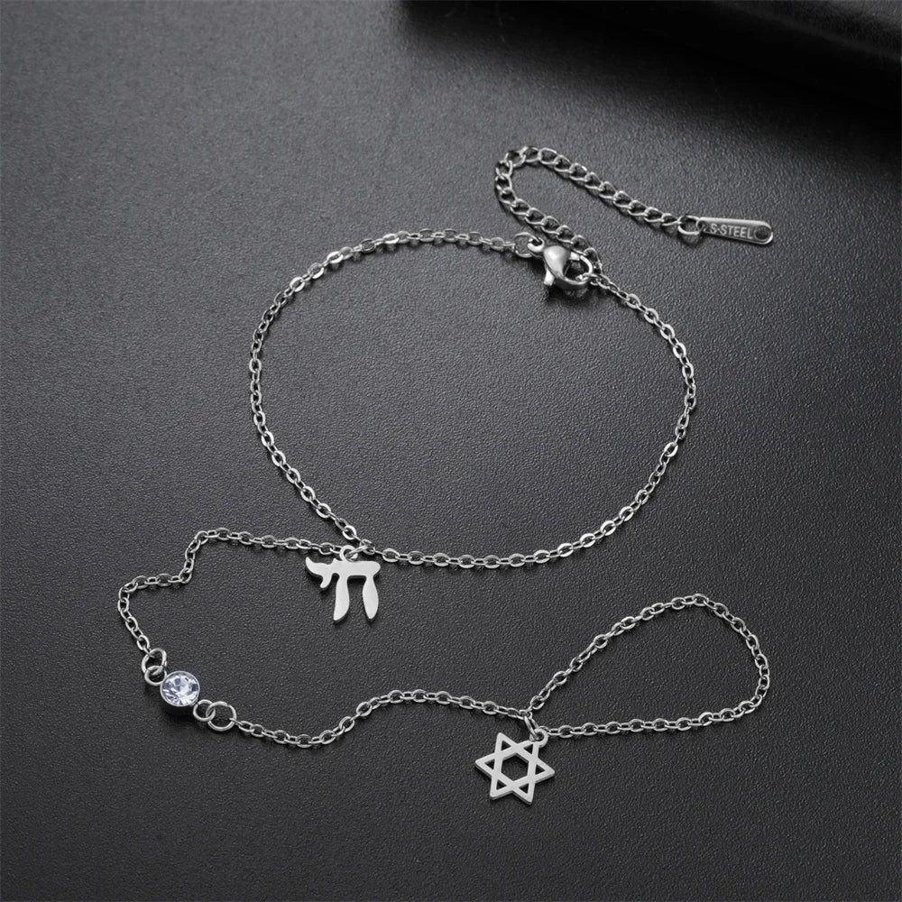 Hand and finger bracelet with Jewish protective pendants Chai, Star of David and Hamsa Chai silver