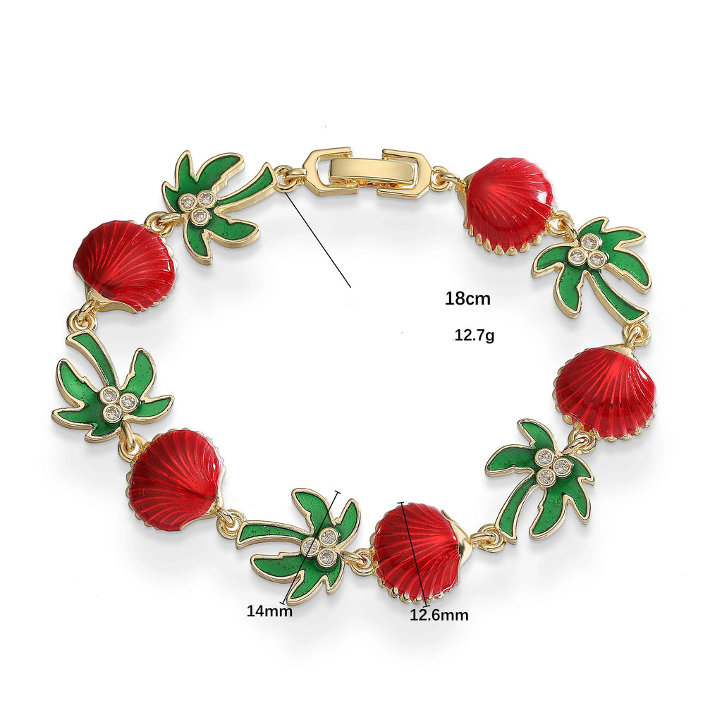 Green enamel palm bracelet with red shells