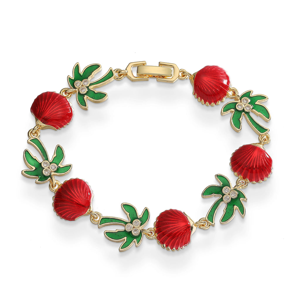 Green enamel palm bracelet with red shells